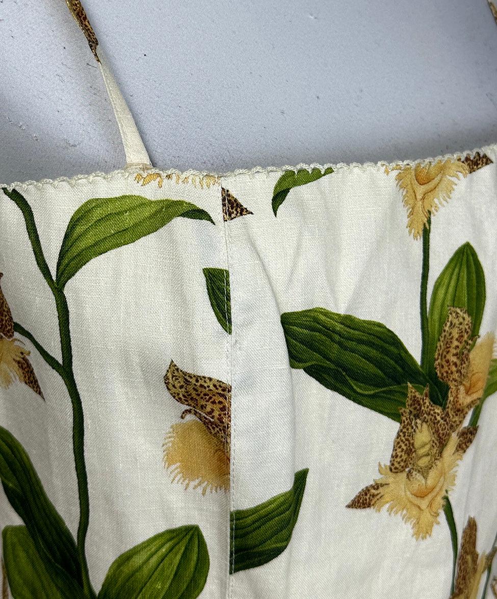 Agua Bendita White Yellow & Green Floral Print Linen Dress sz 10 - Image 8