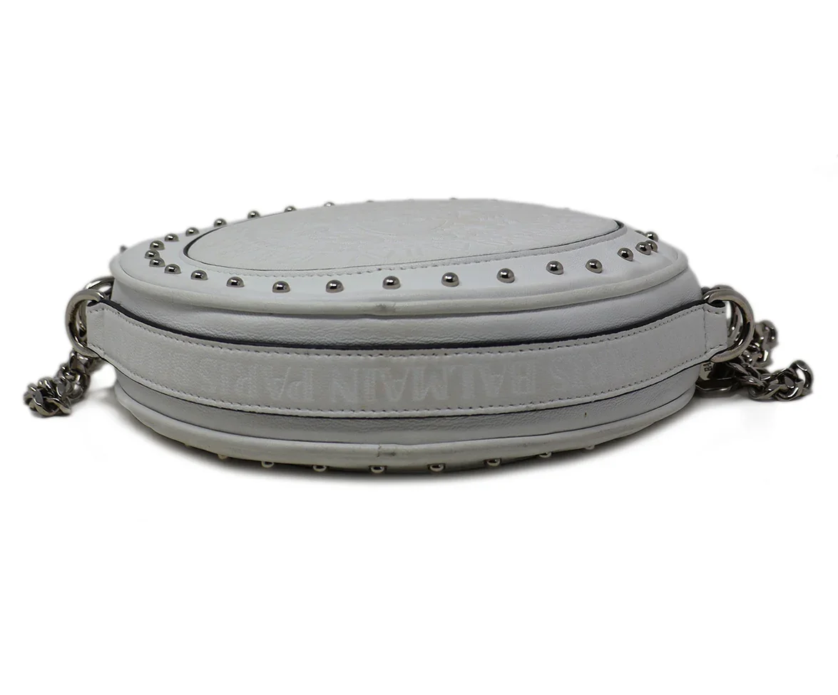 Balmain Crossbody White Leather Circle Handbag with  Studs - Image 4