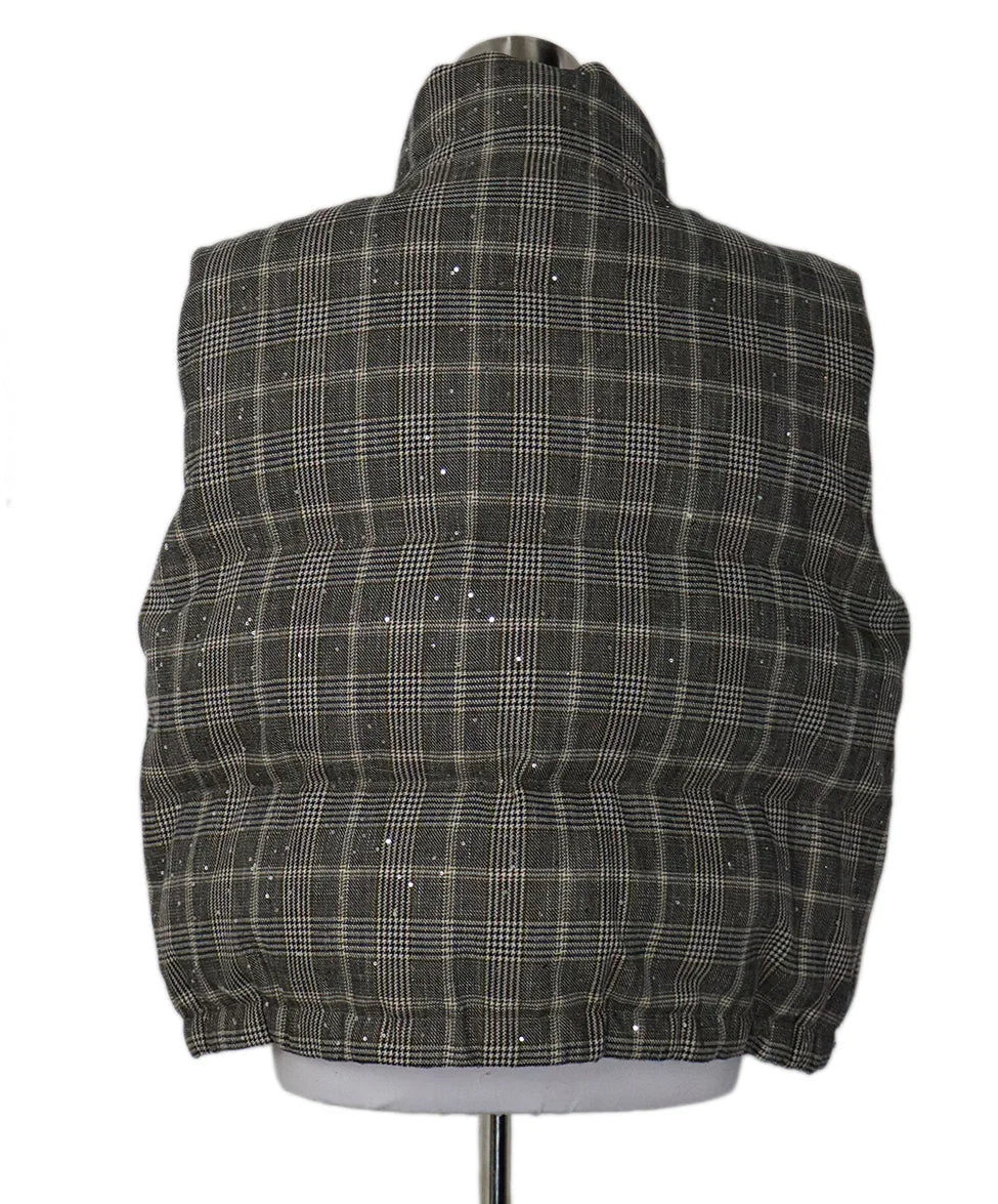 Brunello Cucinelli Neutral Beige Black Plaid Wool Sequins Vest sz 14 - Image 3