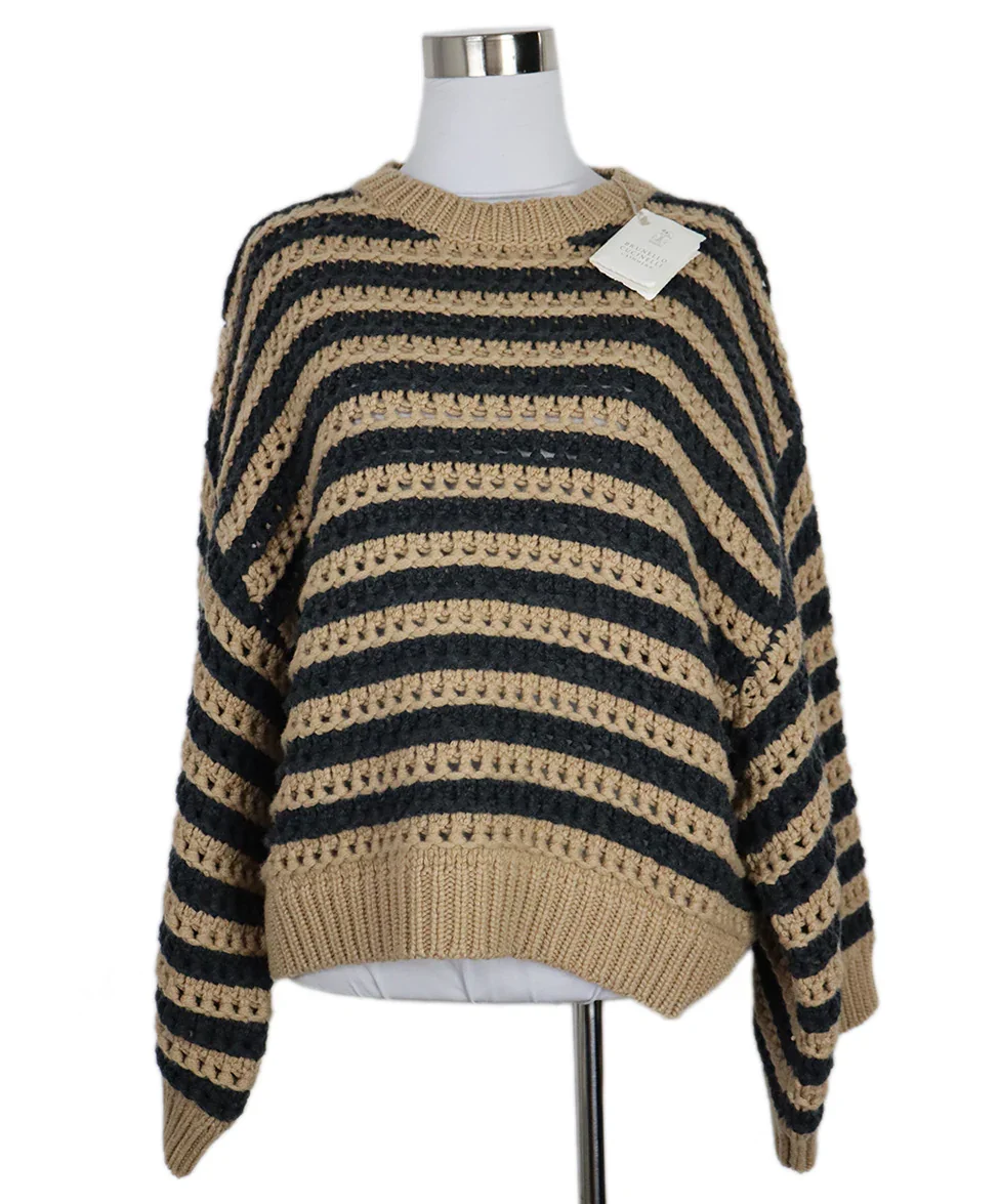 Brunello Cucinelli Tan & Grey Cashmere Knit Sweater sz 10