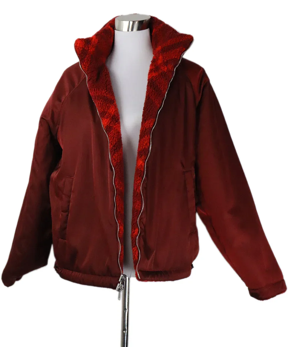 Burberry Plaid Burgundy Nylon Reversible Fleece Jacket sz 8 - Image 4