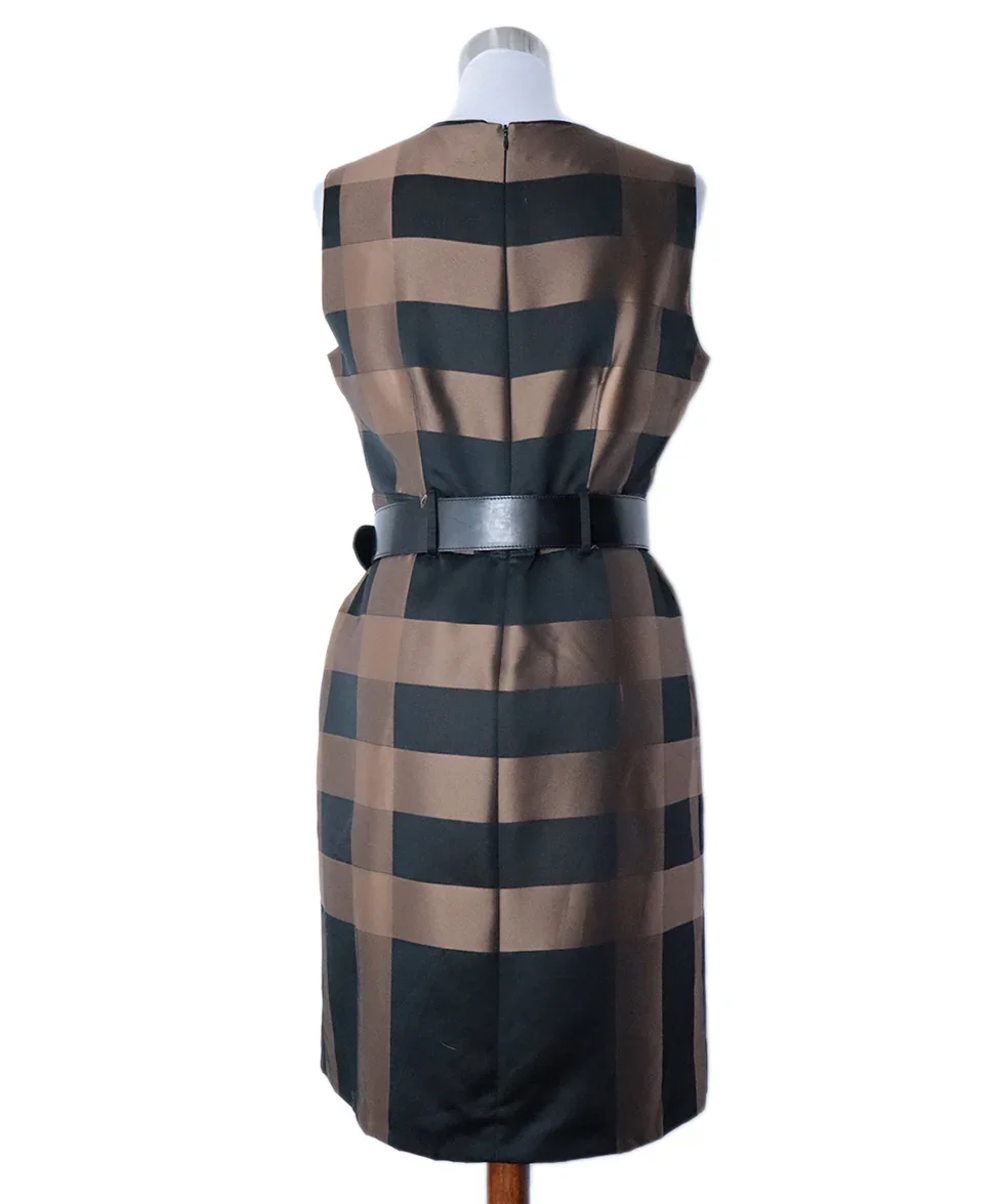 Burberry Size Black Brown Plaid Polyester Dress With Belt sz 10 - Image 3