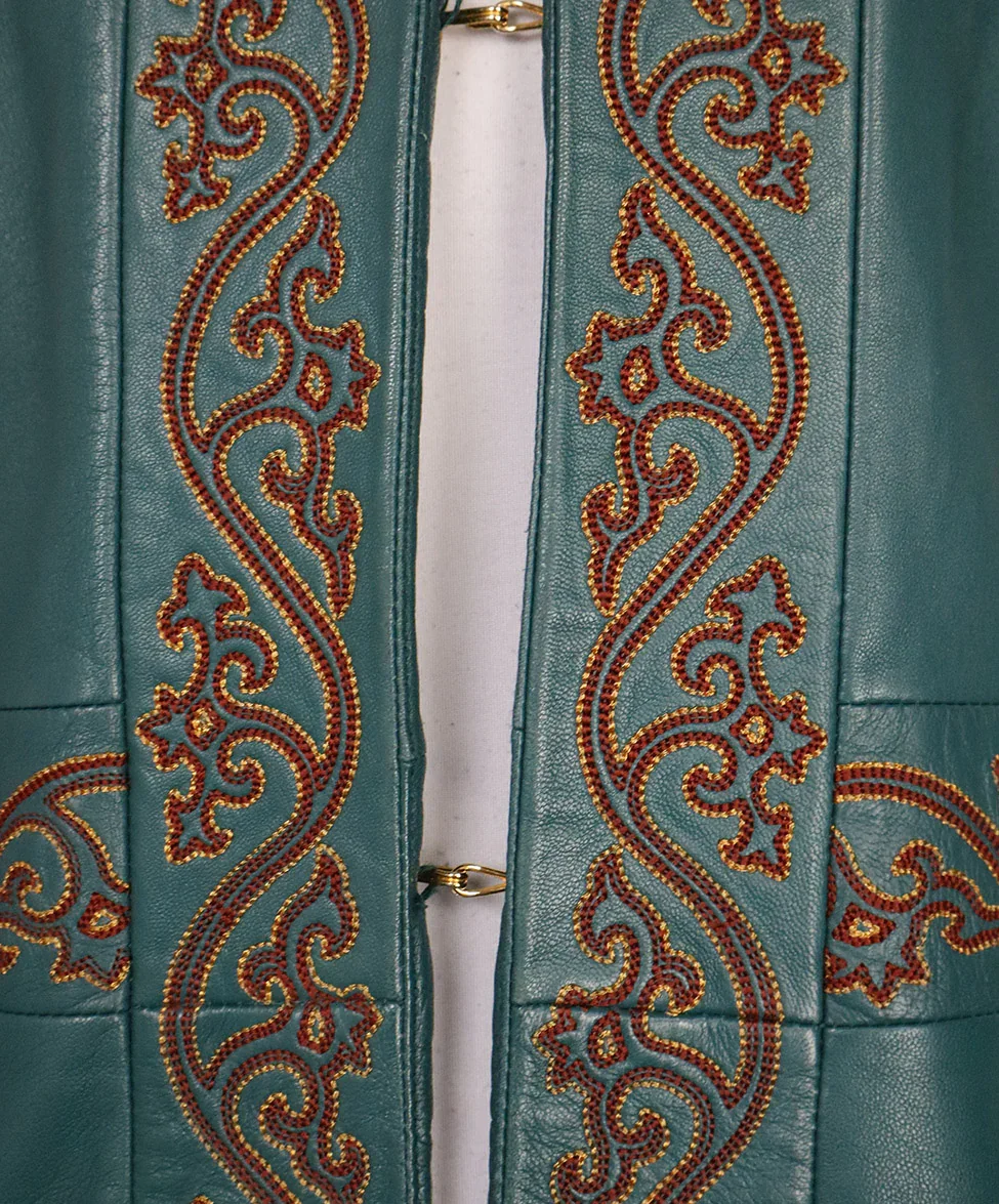 Catherine Malandrino Teal Embroidered Leather Coat sz 4 - Image 6