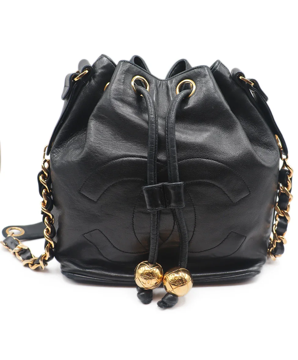 Chanel Black & Gold Lambskin Leather Vintage Drawstring Shoulder Bag