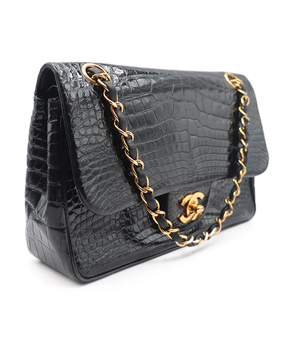 Chanel Black Leather Alligator Vintage Handbag