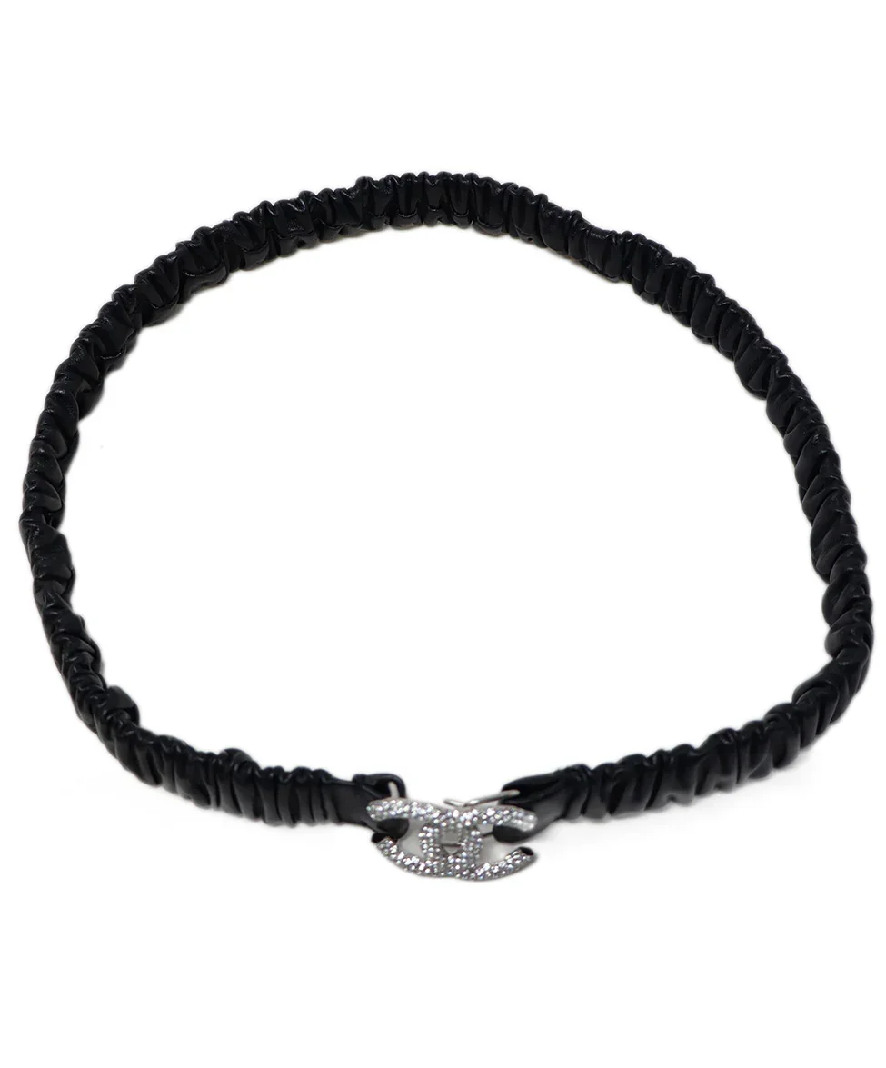 Chanel Black Leather Belt w/ Crystal Logo Trim - Image 3