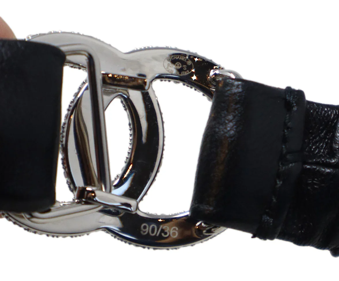 Chanel Black Leather Belt w/ Crystal Logo Trim - Image 6