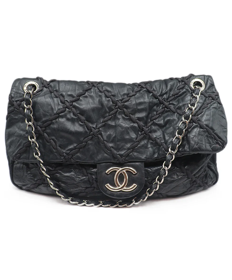 Chanel Black Leather Topstitching Flap Handbag