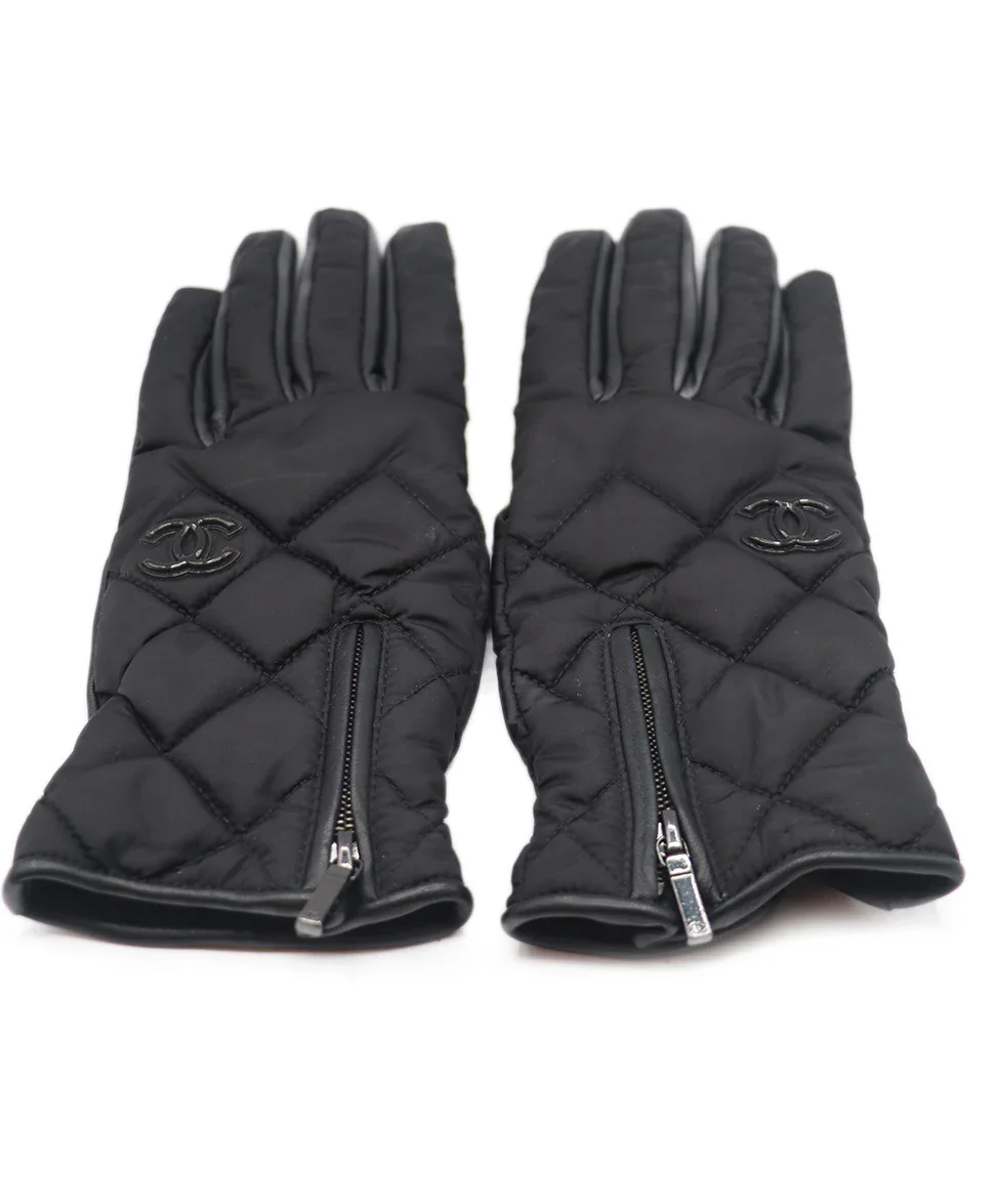 Chanel Black Nylon & Leather Gloves