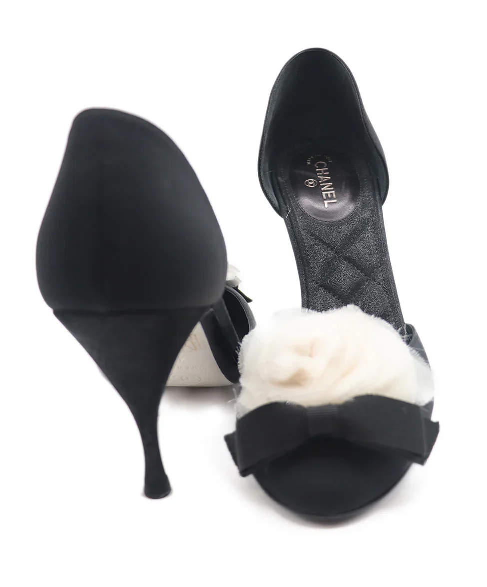 Chanel Black Silk White Camellia Heels sz 11 - Image 3