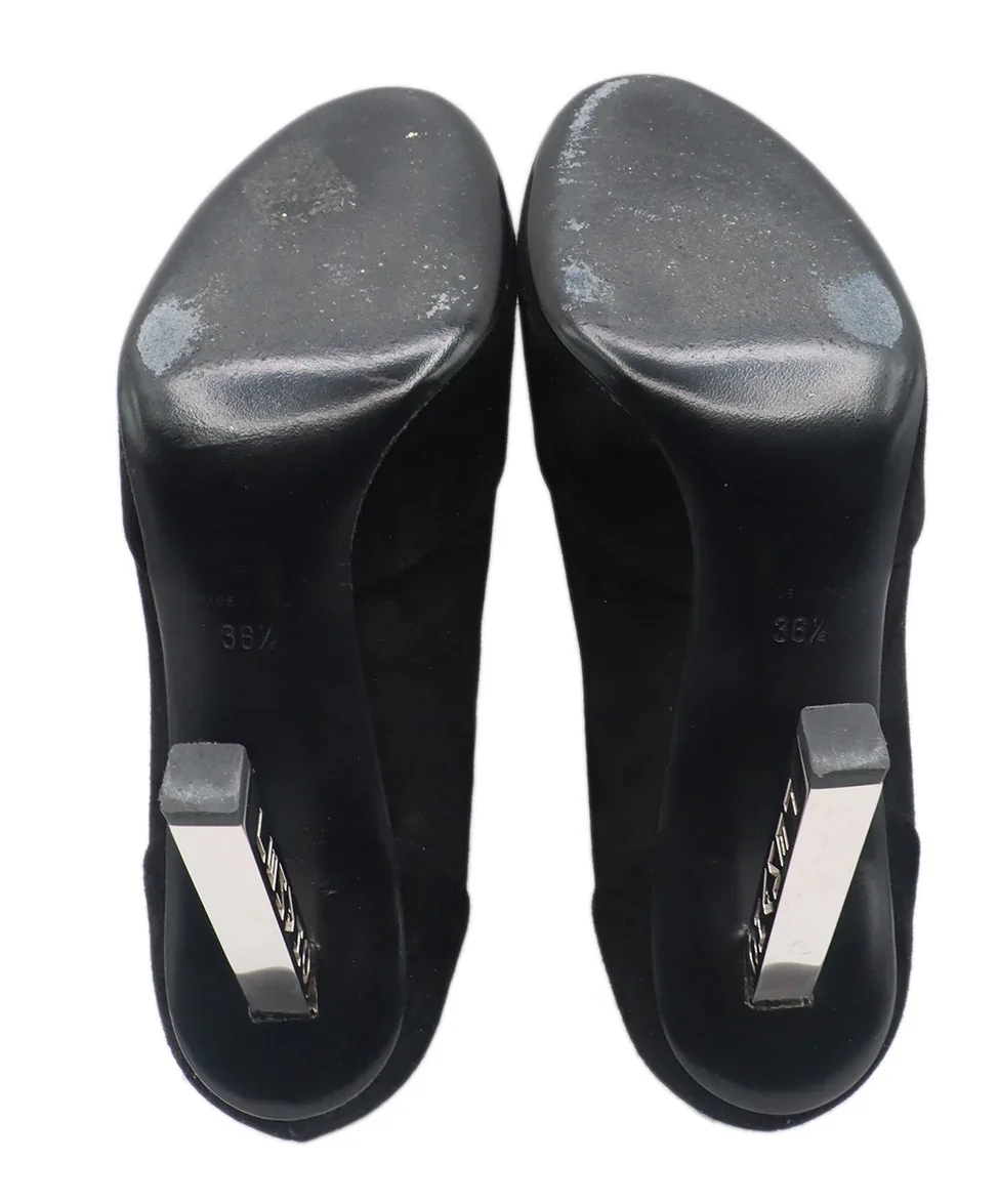 Chanel Black Suede Silver Metal Heel Lace Up Shoes Sz. 6.5 - Image 5