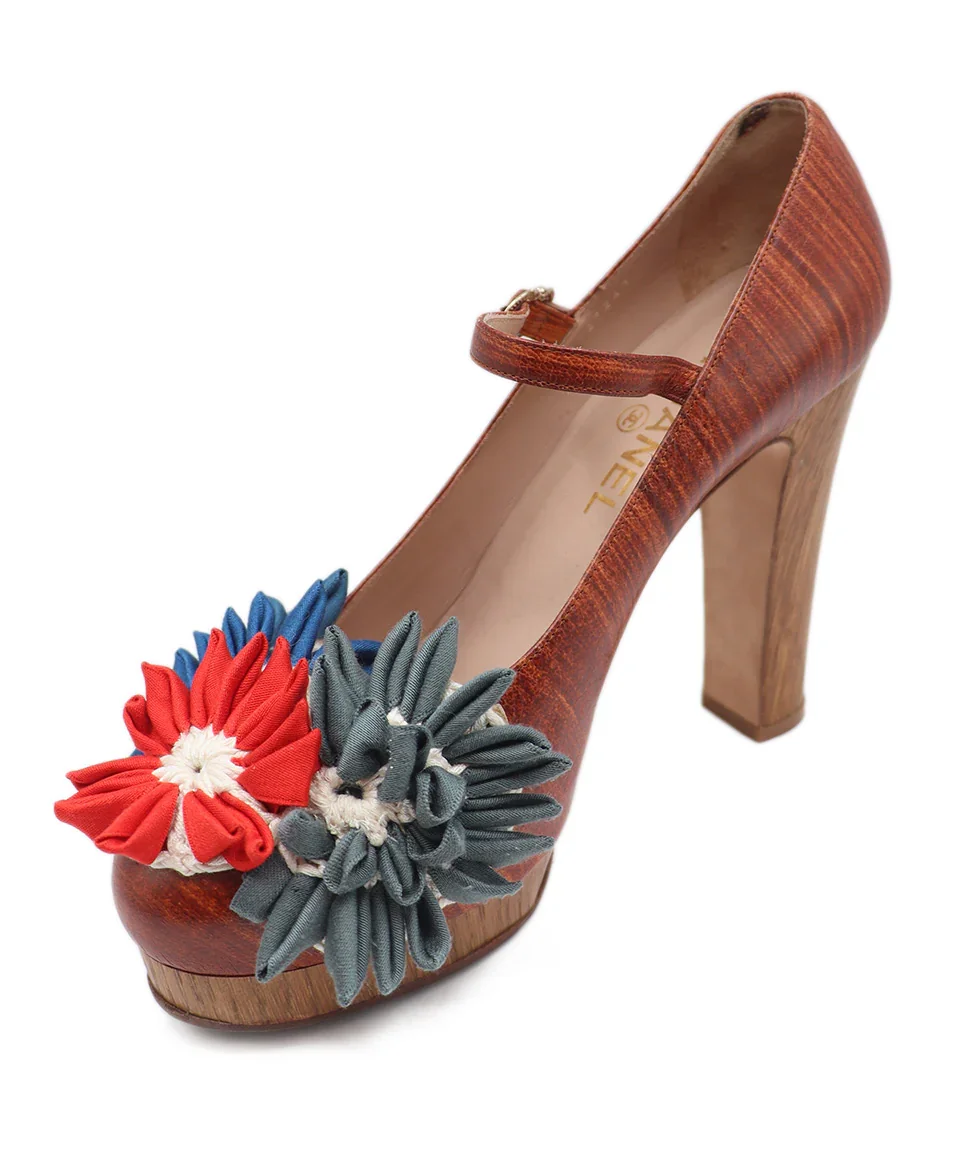 Chanel Brown Floral Leather Platform Heel Sz. 9.5