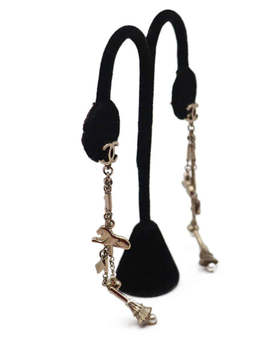 Chanel Metallic Gold Metal & Pearl Dangle Earrings - Image 2