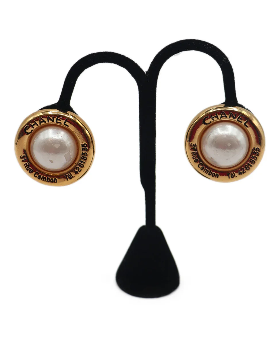 Chanel Metallic Gold & Pearl Vintage Earrings