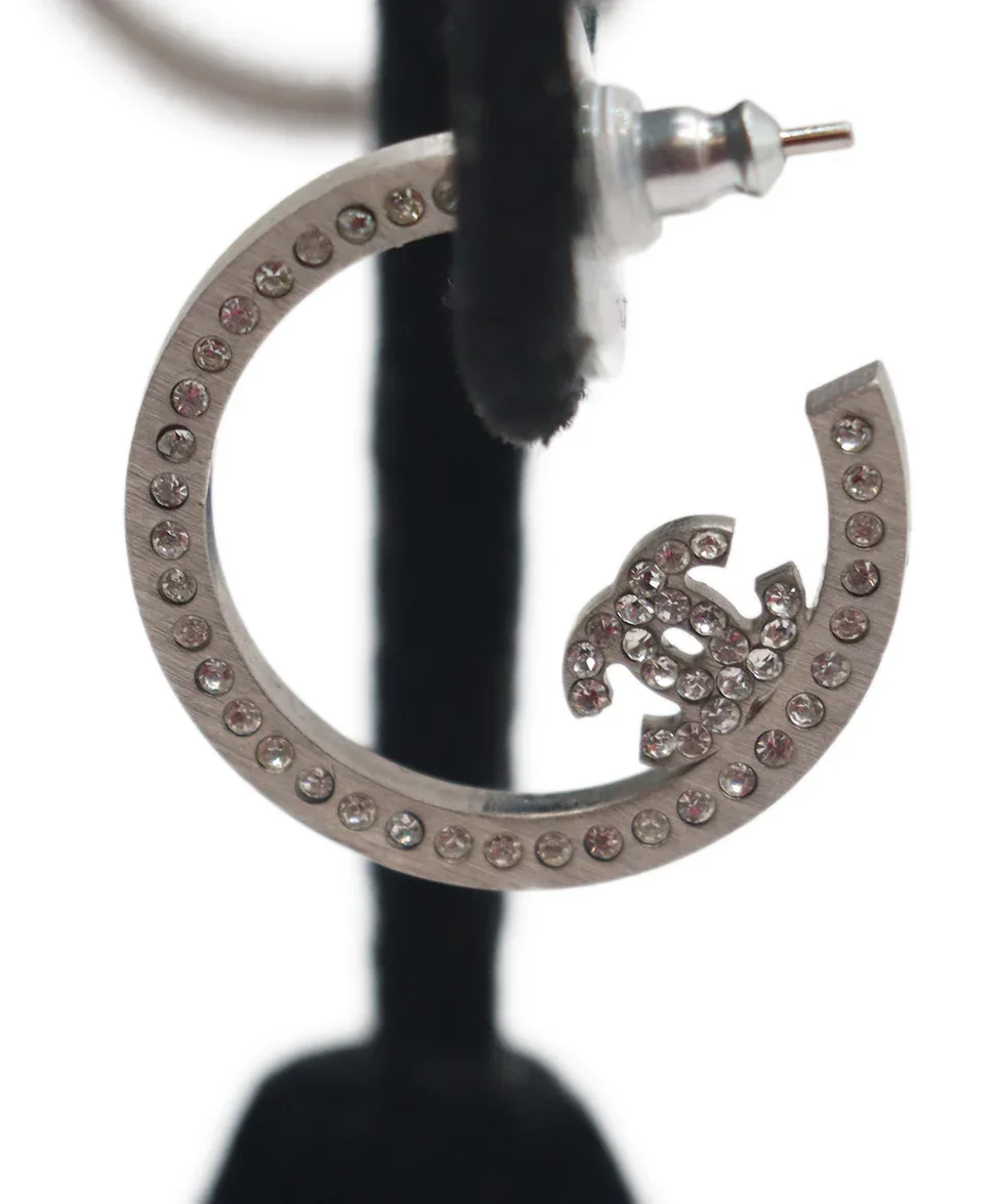 Chanel Silver Rhinestone Earrings Hoops - Image 4
