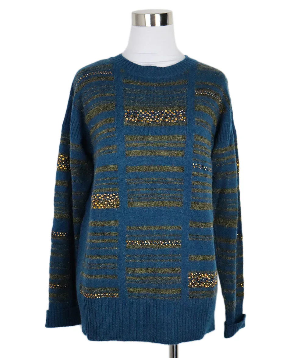 Chanel Teal & Green Beaded Cashmere Sweater sz 2