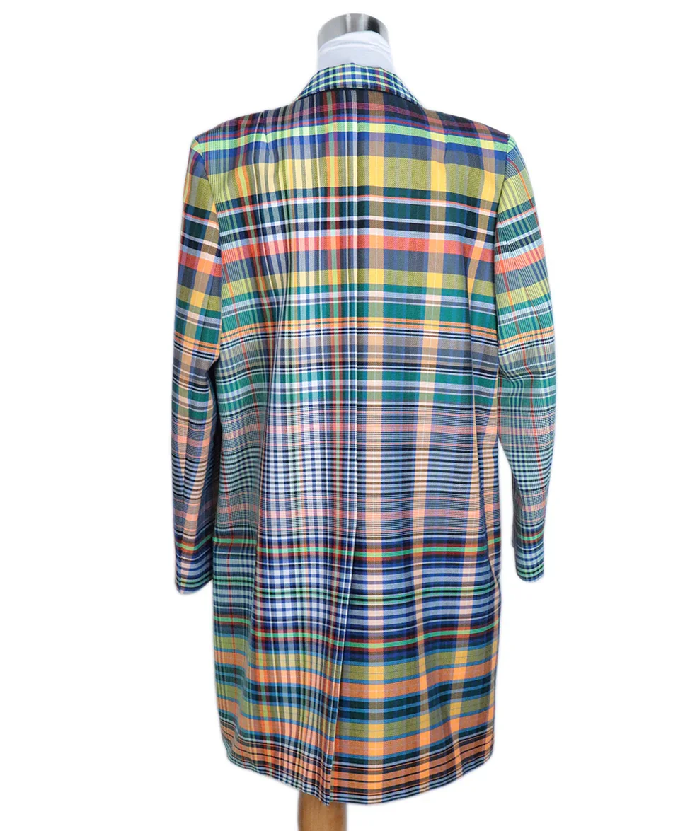 Dries Van Noten Yellow Green Blue Multi Plaid Polyester Coat sz 8 - Image 3
