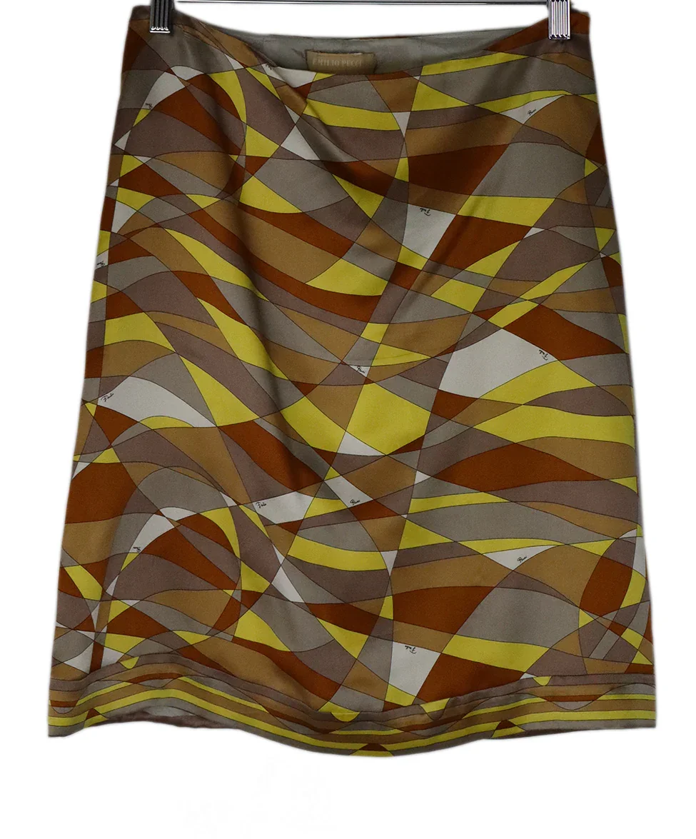 Emilio Pucci Size Yellow Brown White Silk Skirt sz 6