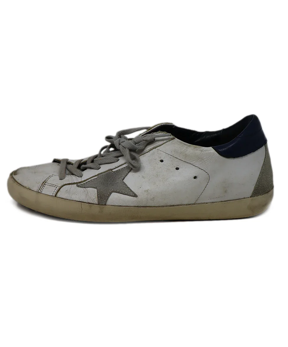Golden Goose White Distressed Leather & Navy Sneakers sz 10 - Image 2