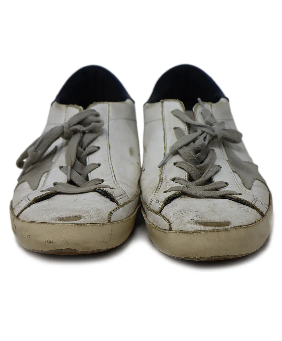 Golden Goose White Distressed Leather & Navy Sneakers sz 10 - Image 4