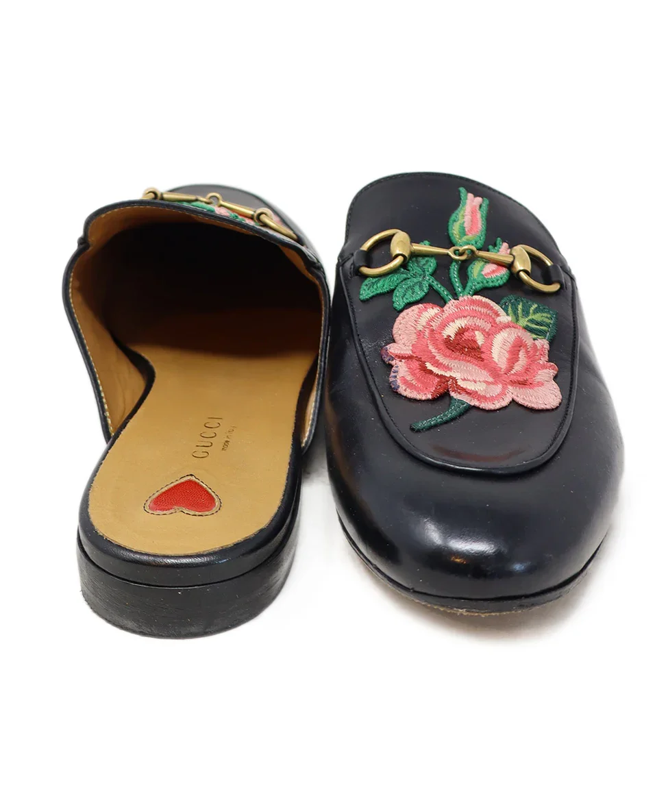 Gucci Black Leather Floral Embroidered Mules sz 9 - Image 3