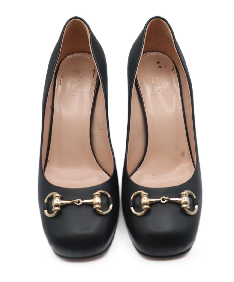 Gucci Black Leather & Gold Horsebit Heels - Image 4