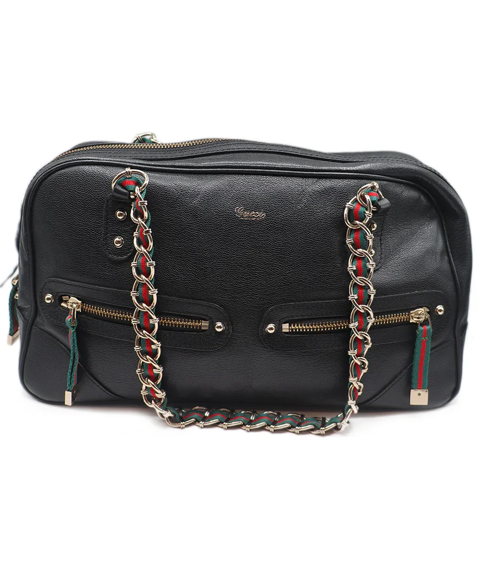 Gucci Black Leather Red Green Stripe Gold Chain Handbag