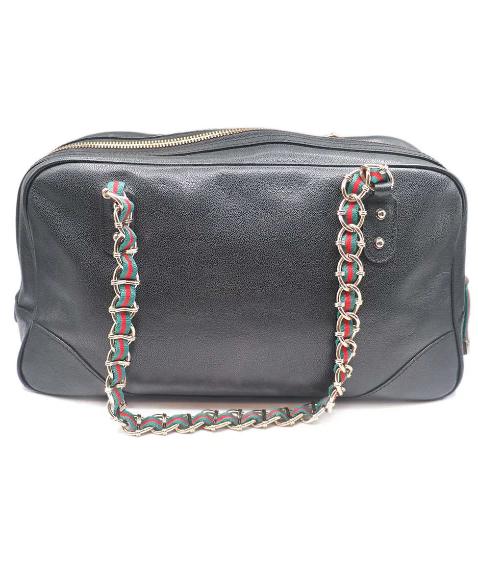 Gucci Black Leather Red Green Stripe Gold Chain Handbag - Image 3
