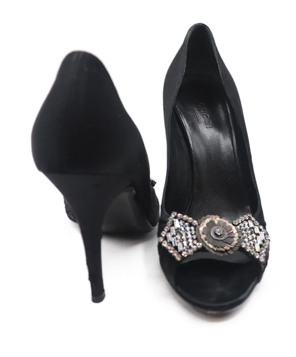 Gucci Black Satin Rhinestone Trim Heels Sz. 8 - Image 3