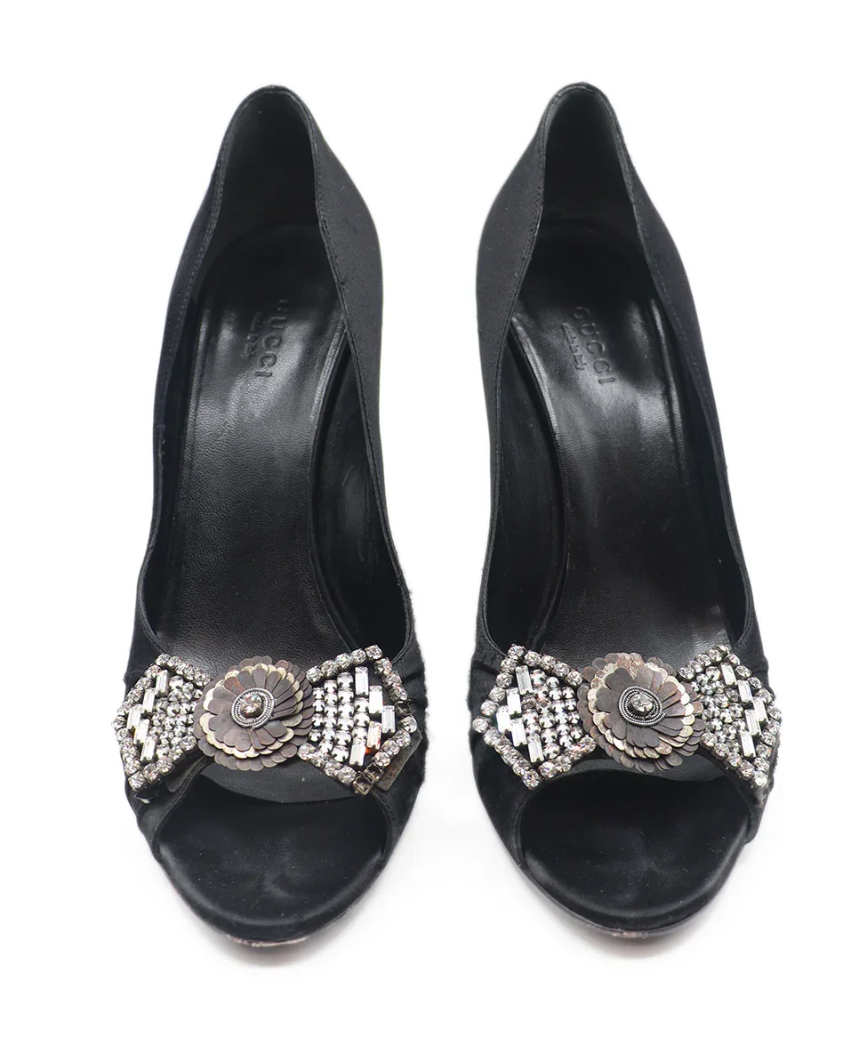 Gucci Black Satin Rhinestone Trim Heels Sz. 8 - Image 4