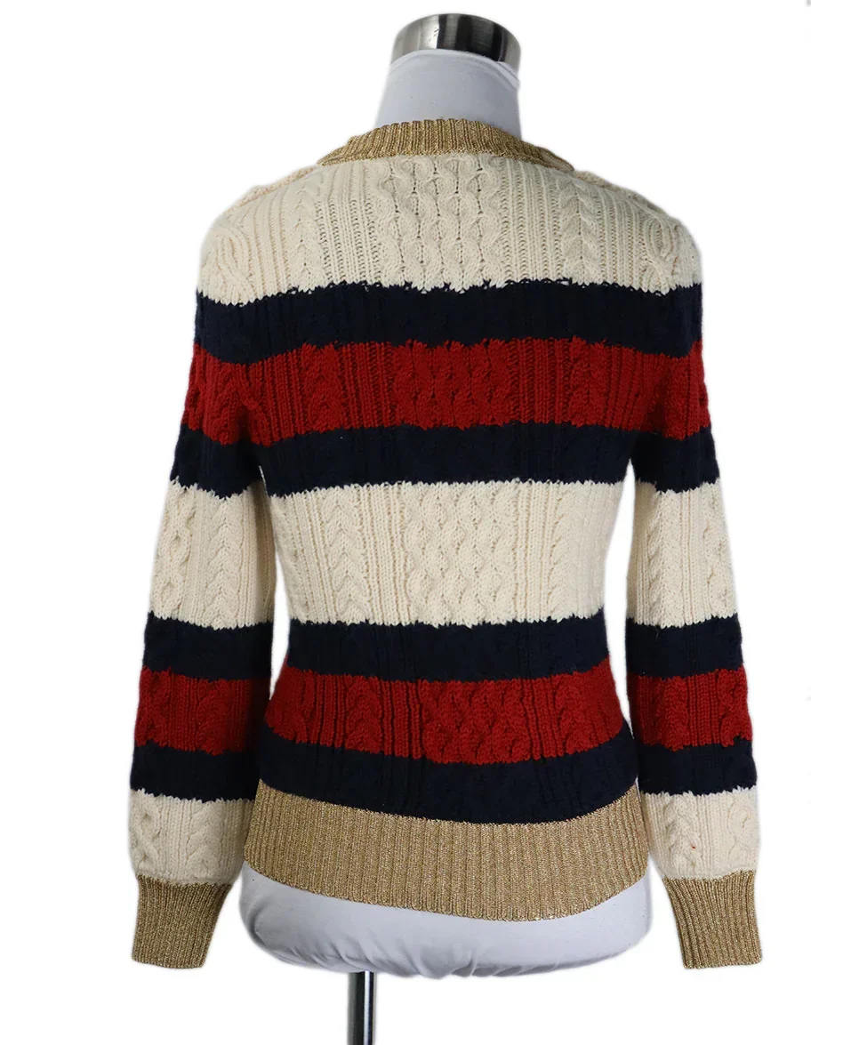 Gucci Crewneck Red Ivory Navy Striped Cableknit Wool Sweater with Gold Pearl Buttons  sz 2 - Image 3