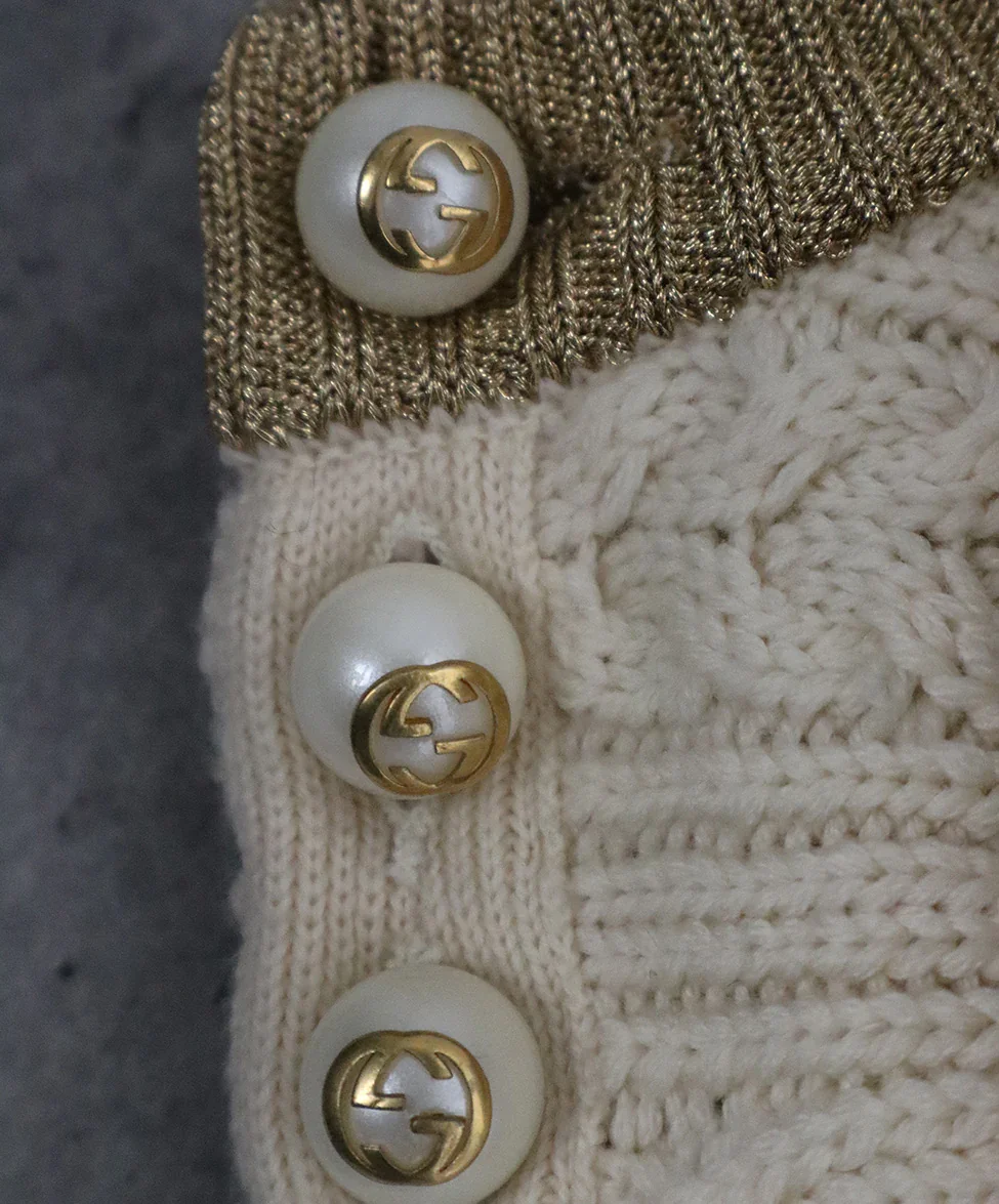 Gucci Crewneck Red Ivory Navy Striped Cableknit Wool Sweater with Gold Pearl Buttons  sz 2 - Image 6