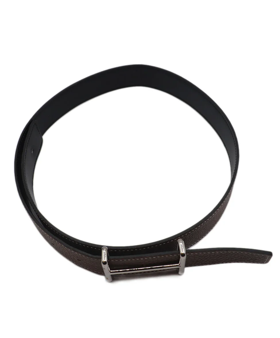 Hermes Black & Taupe Leather Silver Reversible Belt - Image 3