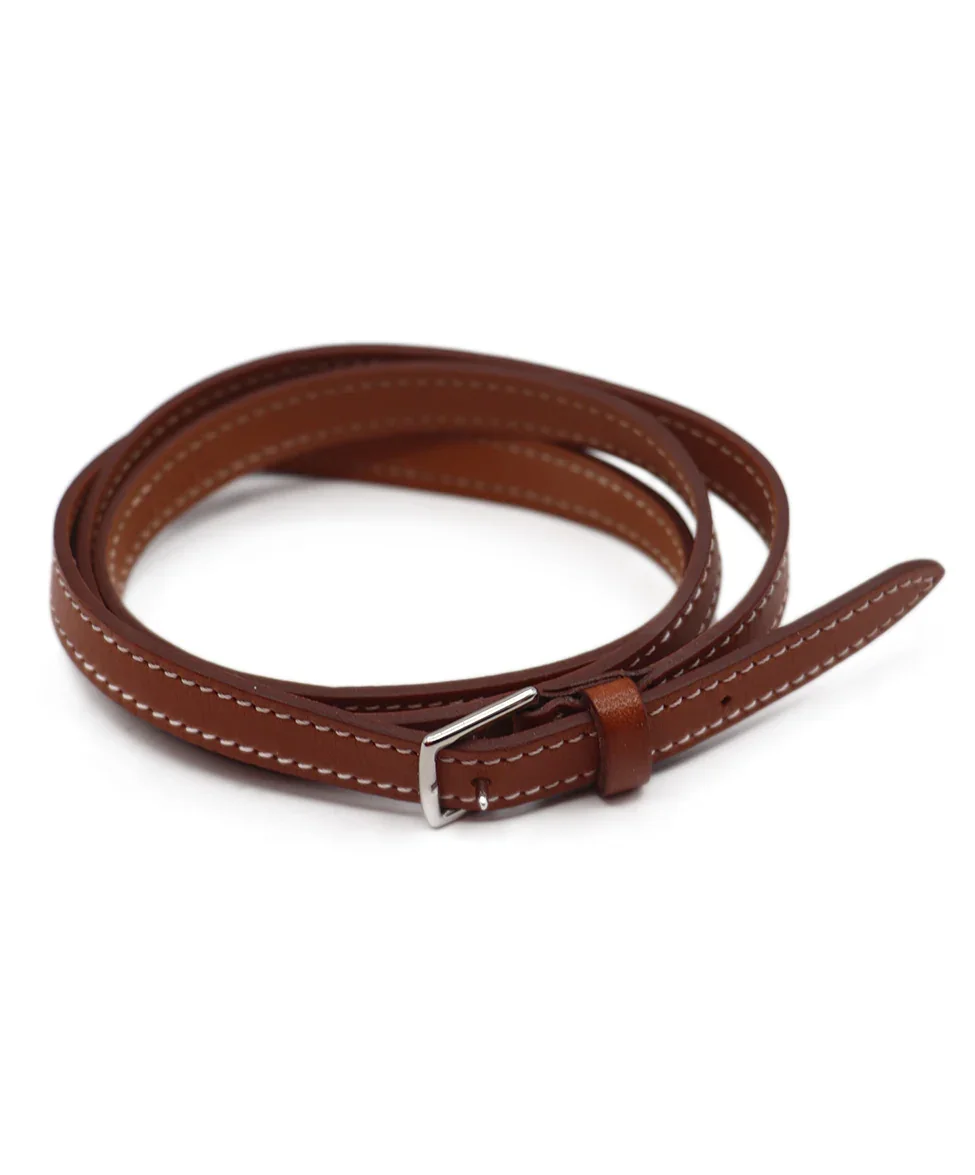 Hermes Neutral Camel Leather & Silver Bracelet