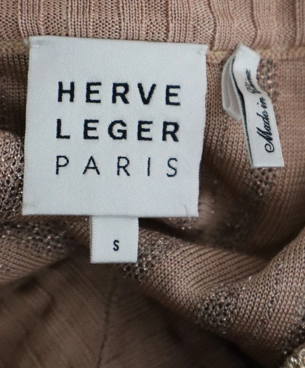 Herve Leger V-Neck Metallic Gold Lurex Nude Sweater sz 4 - Image 4