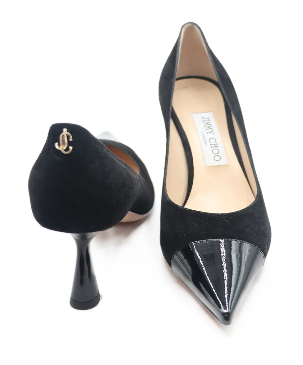 Jimmy Choo Black Suede Patent Trim Heels Sz. 9 - Image 3