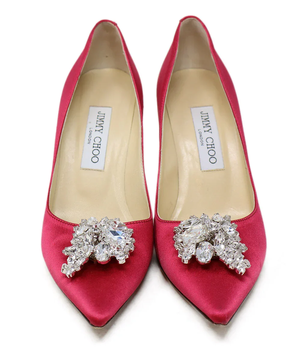 Jimmy Choo Fuchsia Satin Rhinestone Heels sz 7.5 - Image 4
