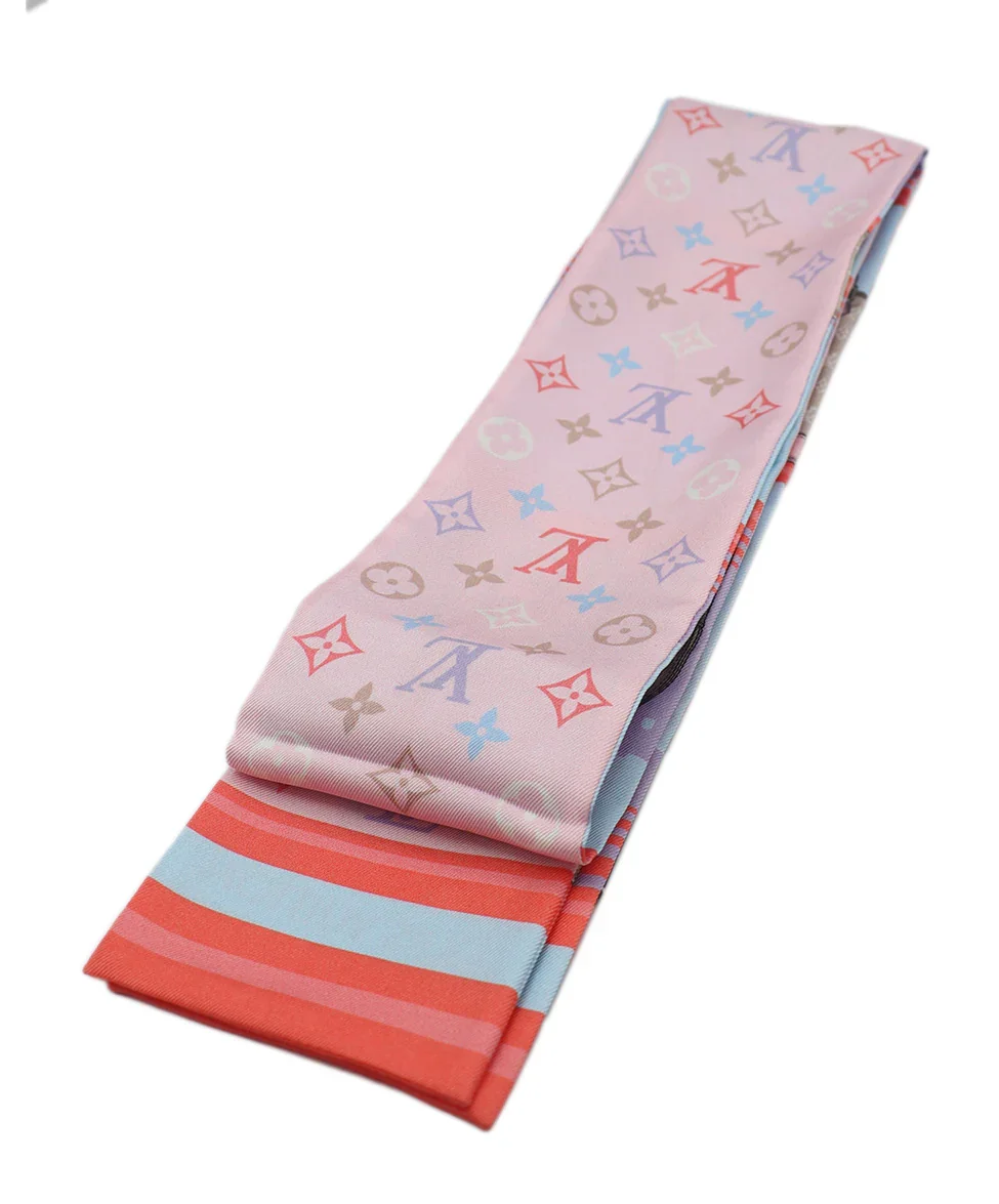 Louis Vuitton Multi Light Blue Pink Orange Silk Twilly Scarf - Image 3