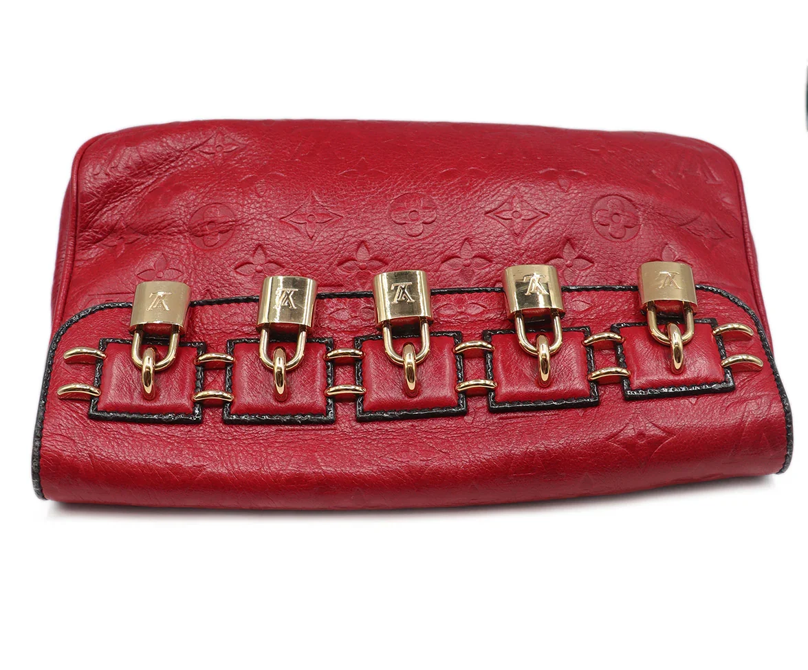 Louis Vuitton Red Leather Gold Lock Trim Clutch - Image 5