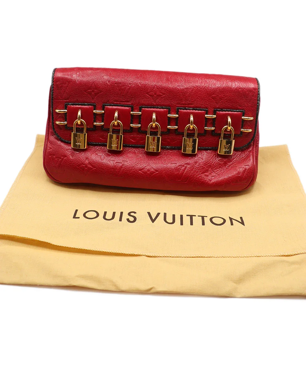 Louis Vuitton Red Leather Gold Lock Trim Clutch - Image 6