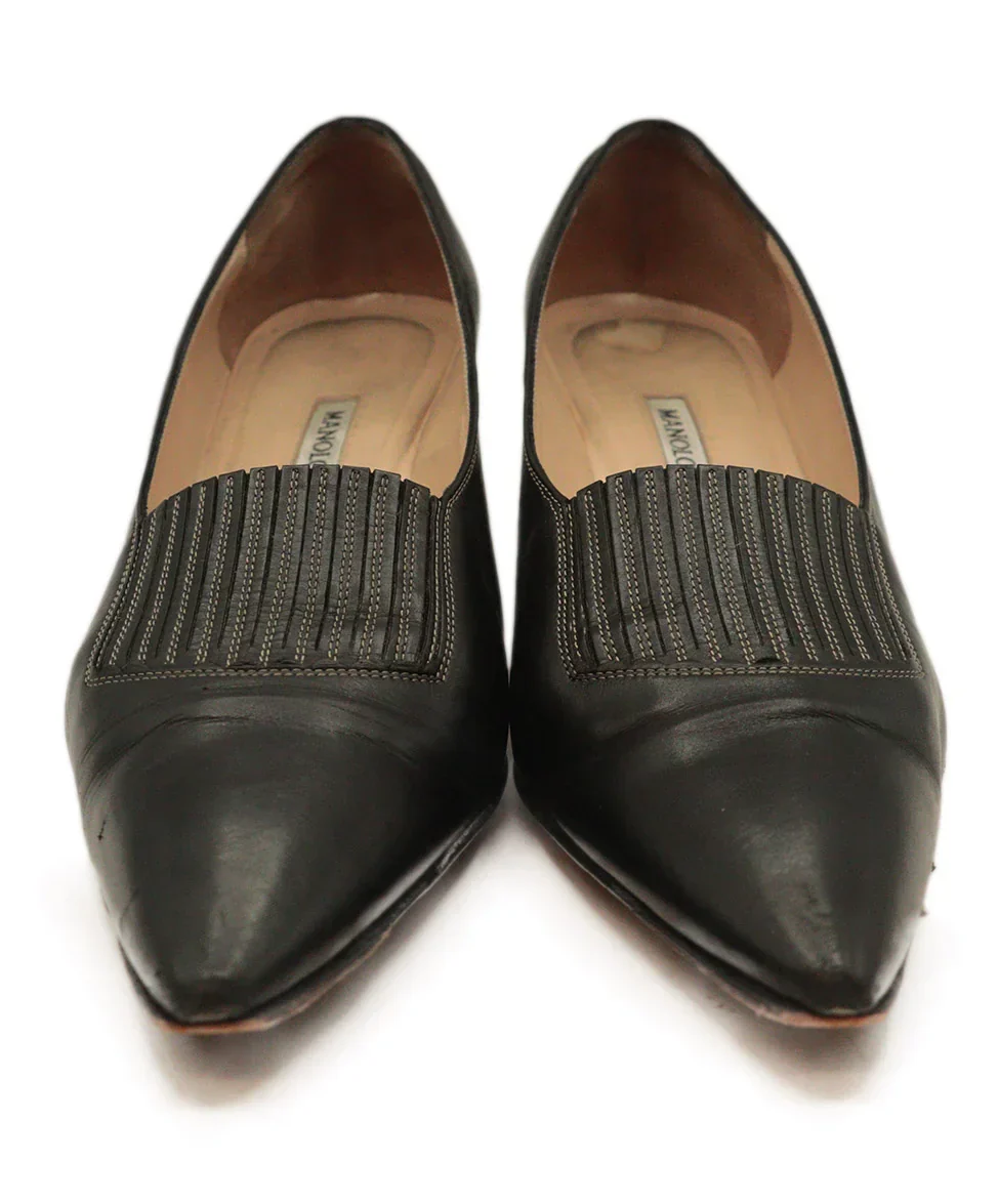Manolo Blahnik Black Leather Stitched Heels sz 7 - Image 4
