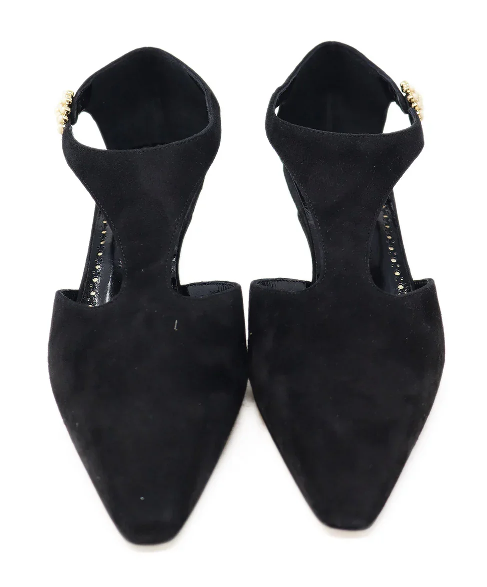 Manolo Blahnik Black Suede Gold Buckle Heels sz 6.5 - Image 4