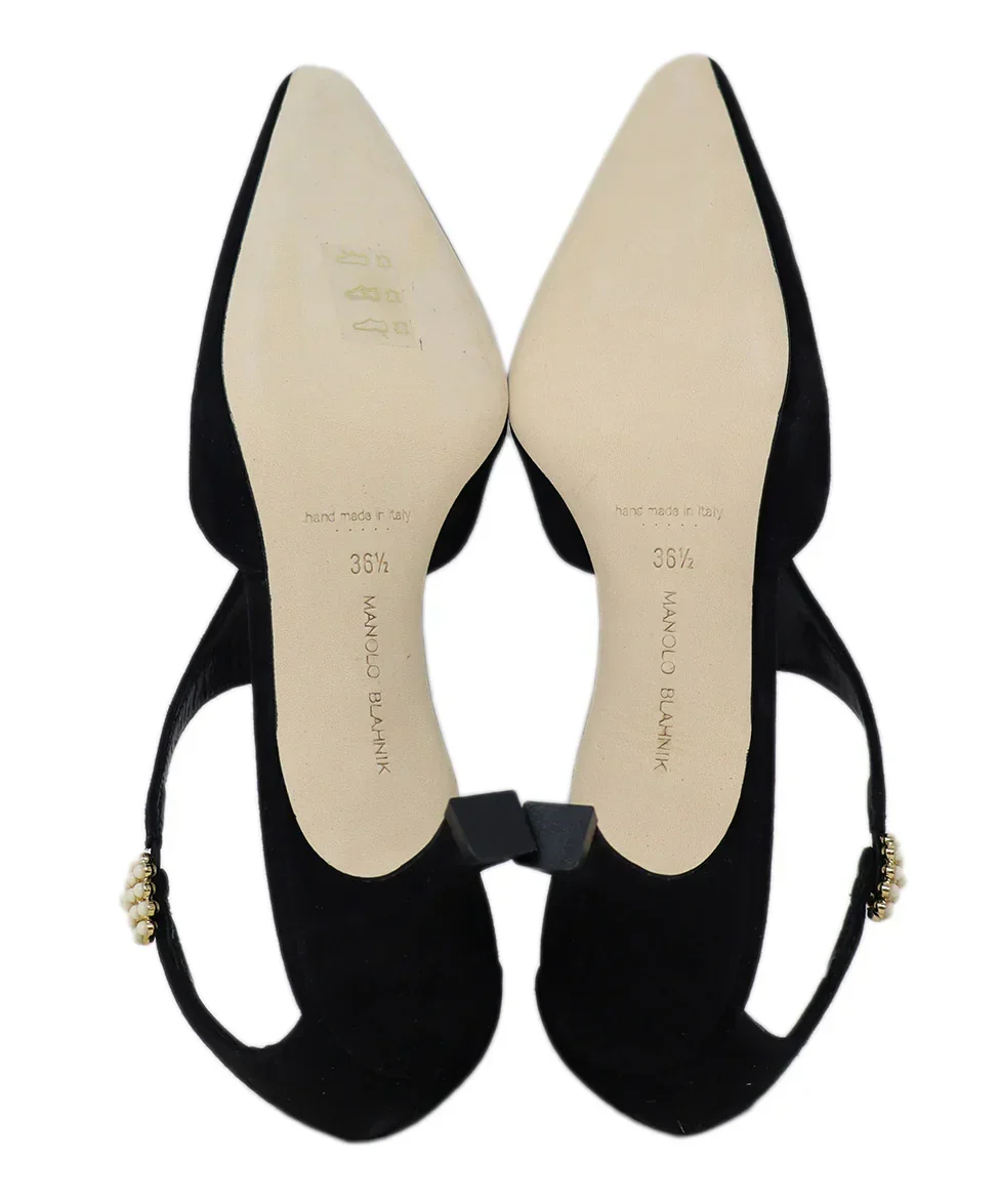 Manolo Blahnik Black Suede Gold Buckle Heels sz 6.5 - Image 5