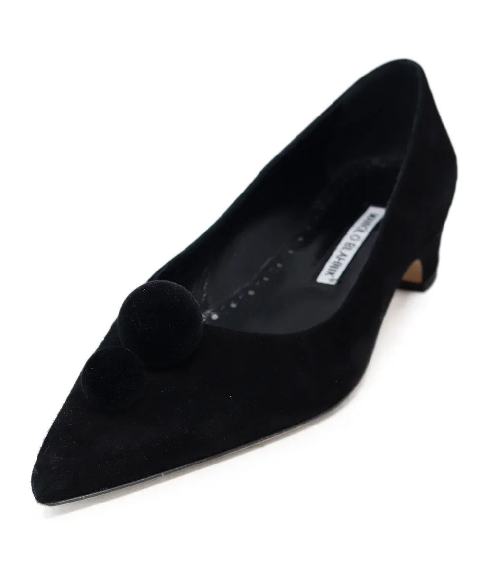 Manolo Blahnik Black Suede Pom-Pom Heels sz 8