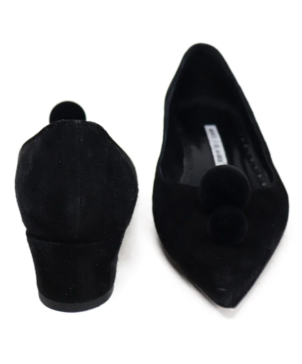 Manolo Blahnik Black Suede Pom-Pom Heels sz 8 - Image 3