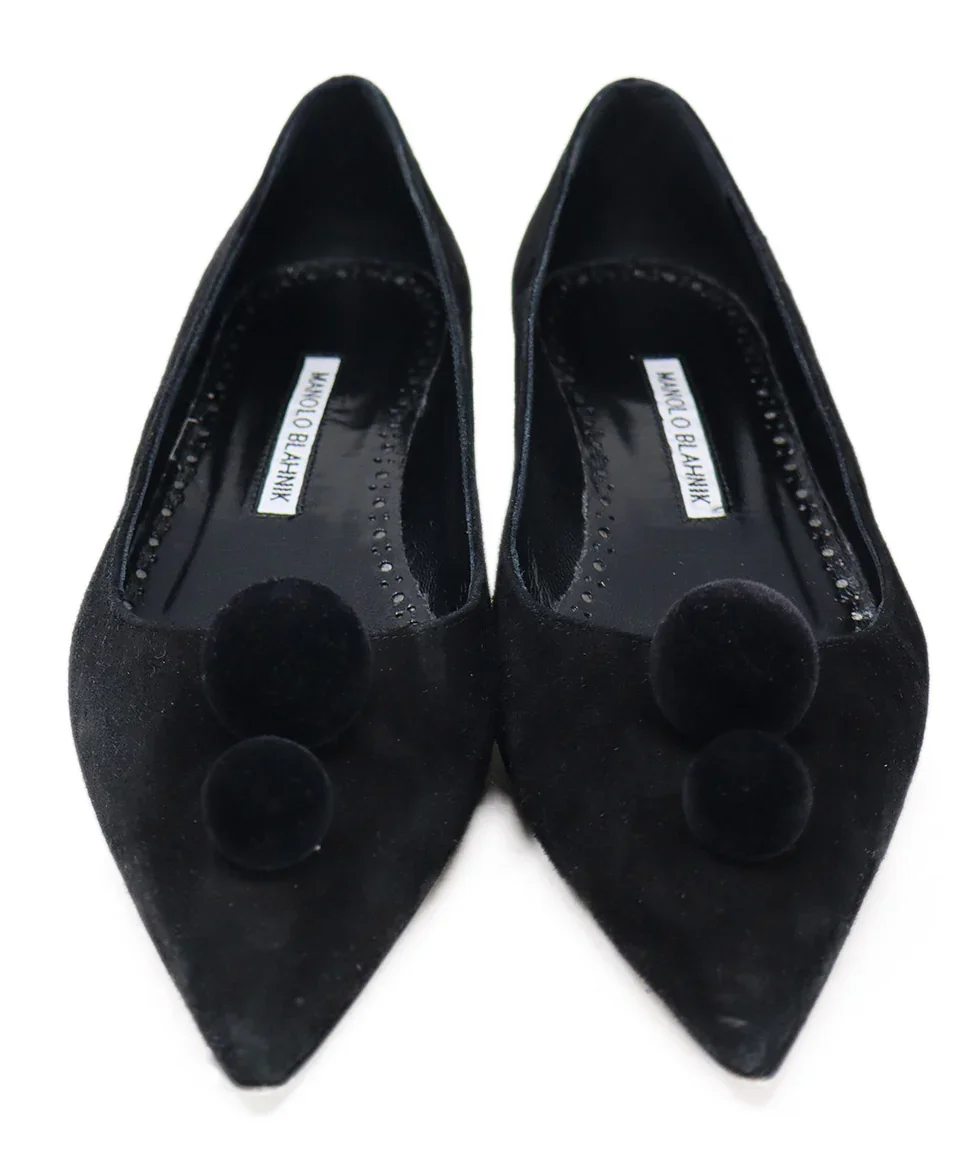 Manolo Blahnik Black Suede Pom-Pom Heels sz 8 - Image 4