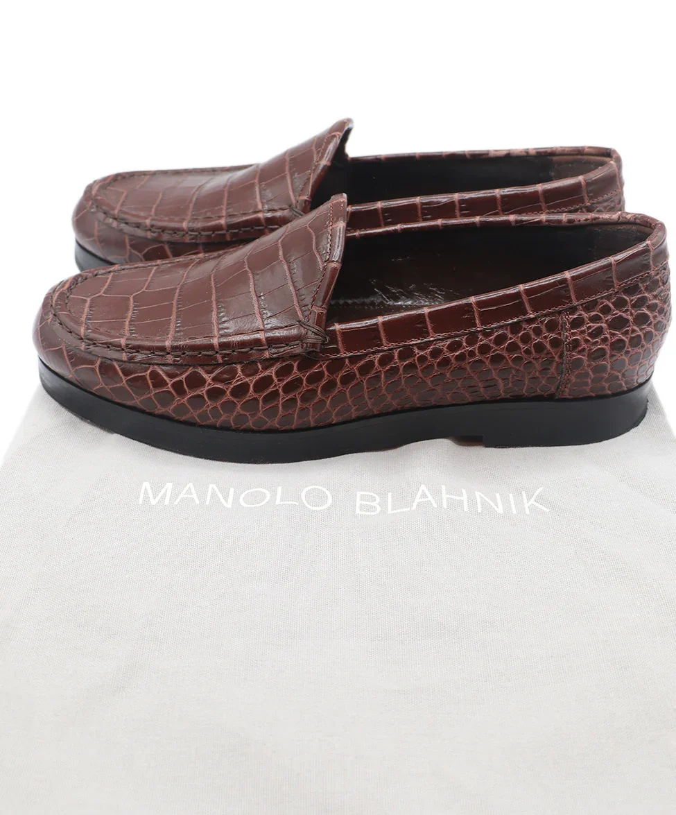 Manolo Blahnik Brown Embossed Crocodile Print Loafers Sz. 7.5 - Image 6