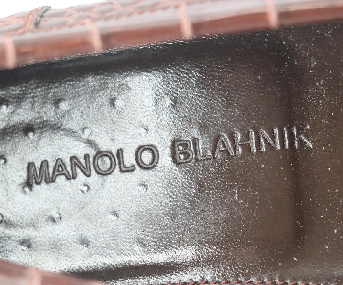 Manolo Blahnik Brown Embossed Crocodile Print Loafers Sz. 7.5 - Image 8