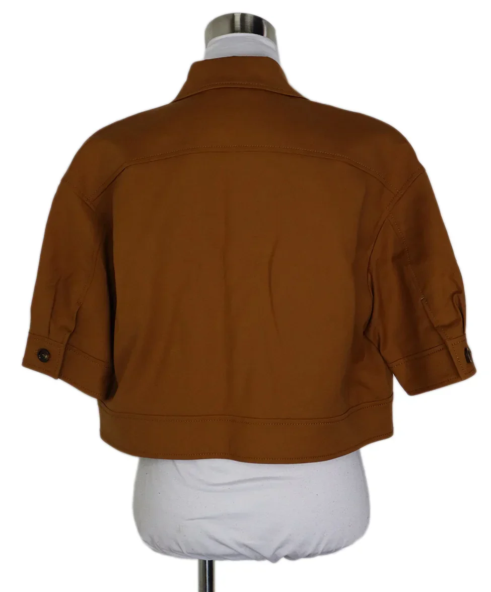 Max Mara Brown Cotton Leather Trim Shortsleeve Jacket sz 6 - Image 3