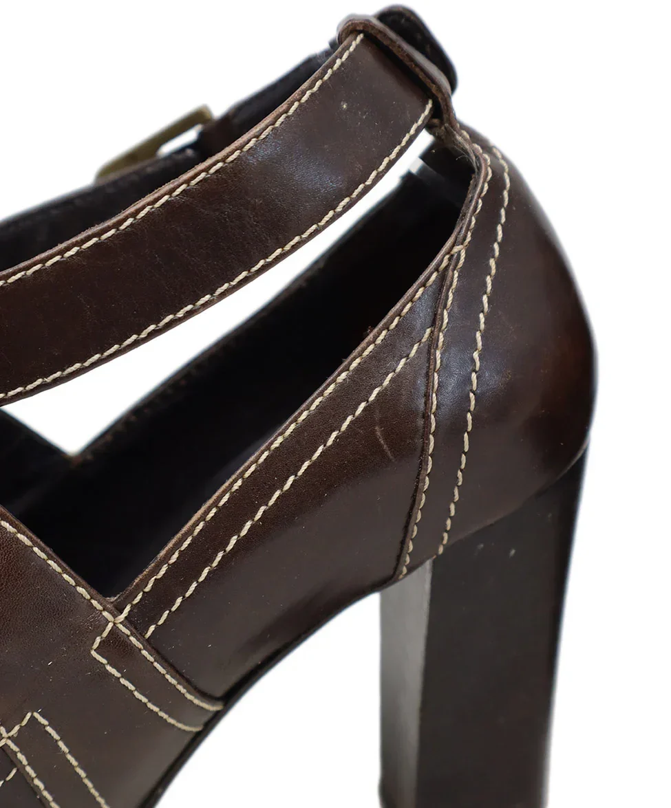 Max Mara Brown Leather & White Stitching Heels sz 6 - Image 7